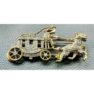 Vintage Wild West Western Stagecoach Brooch Pin Cowboy Rhinestones Gold Tone
